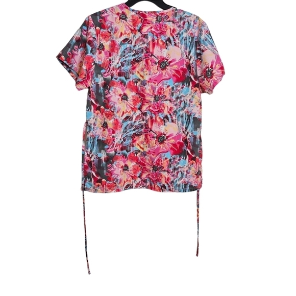 Denice Floral Scrub Top Cotton Blend Short Sleeve Two Front Pockets - Picture 2 of 6